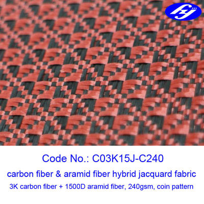 Tissu noir/rouge de tissu d'Aramid de carbone de modèle de pièce de monnaie de jacquard de carbone d'Aramid d'hybride